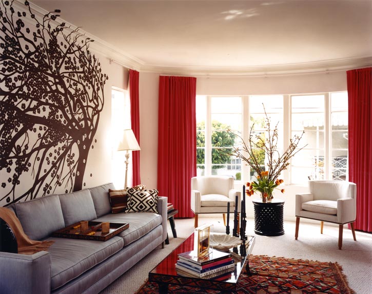Design Living Room Grey Sofa Couch Red Drapes Curtains Brown Tree